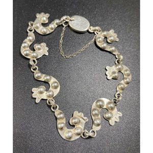 925 Mexico Abstract Link Bracelet Curved Round Studded Etched Vtg